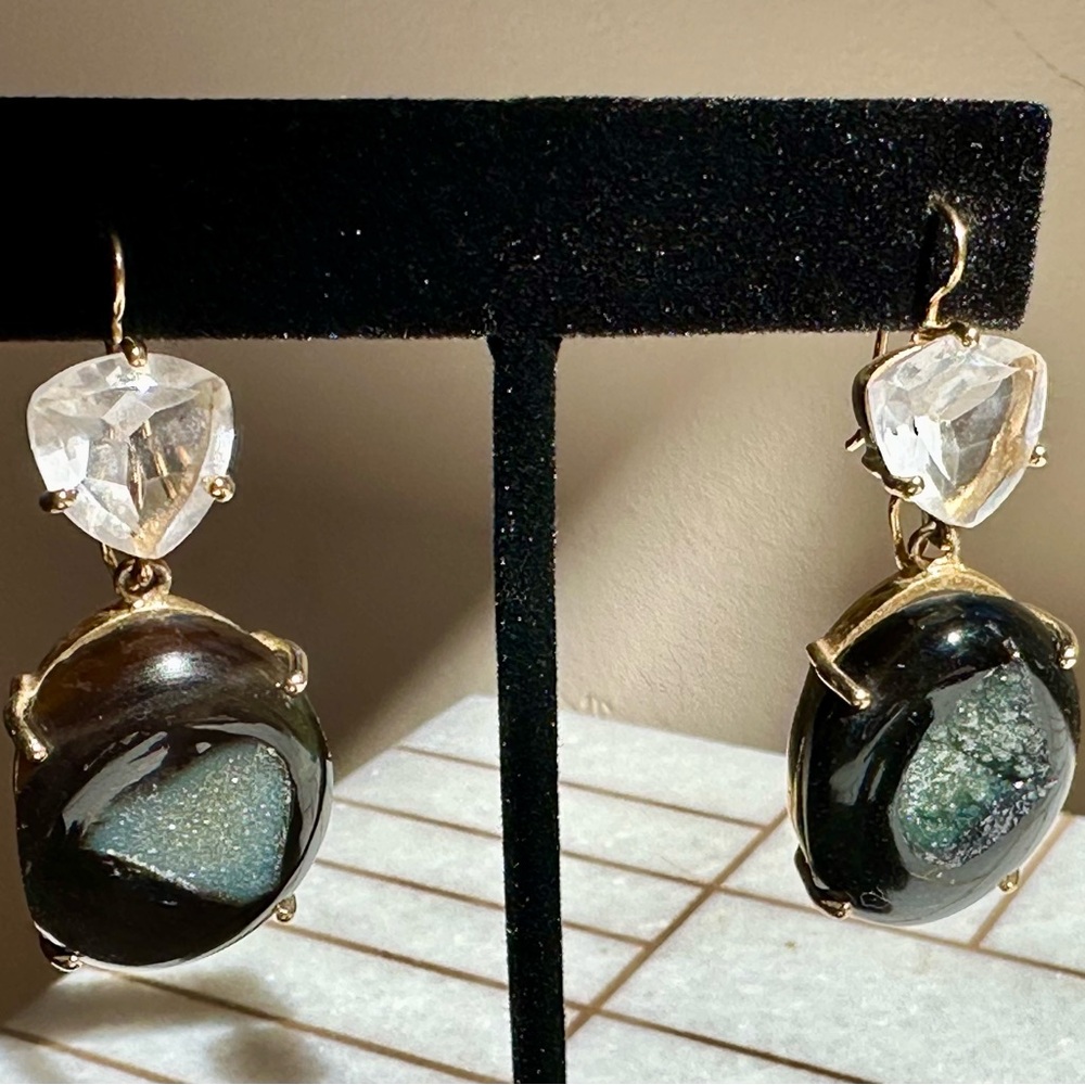 Striking Black Druzy Agate and Crystal Earrings in Gold Setting